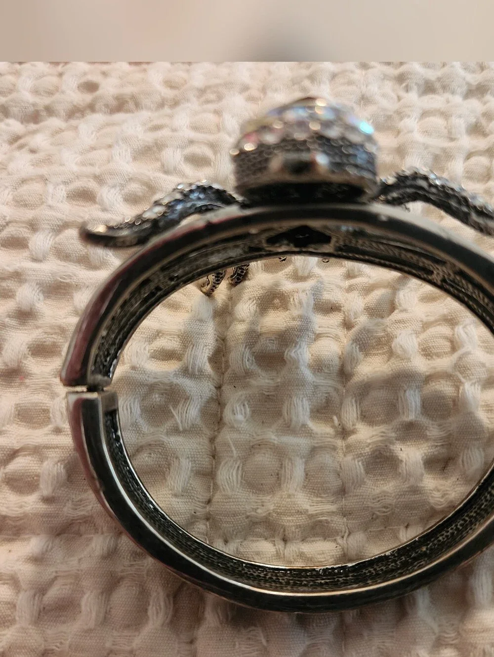 Ornate Vintage Black Rhinestone Silver Spider Clamp Style Bracelet Halloween